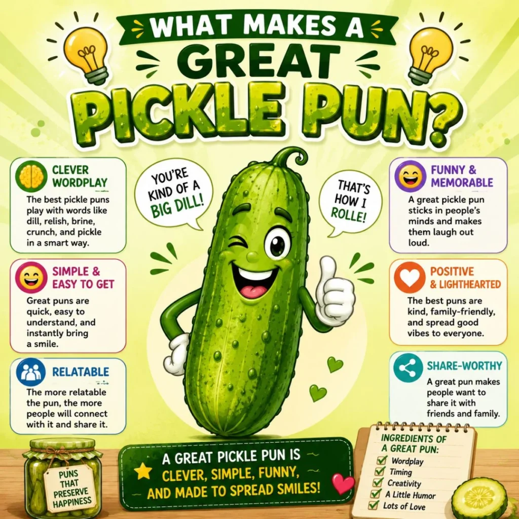 Great pickle pun infographic with smiling pickle, clever wordplay tips, and family-friendly humor ideas