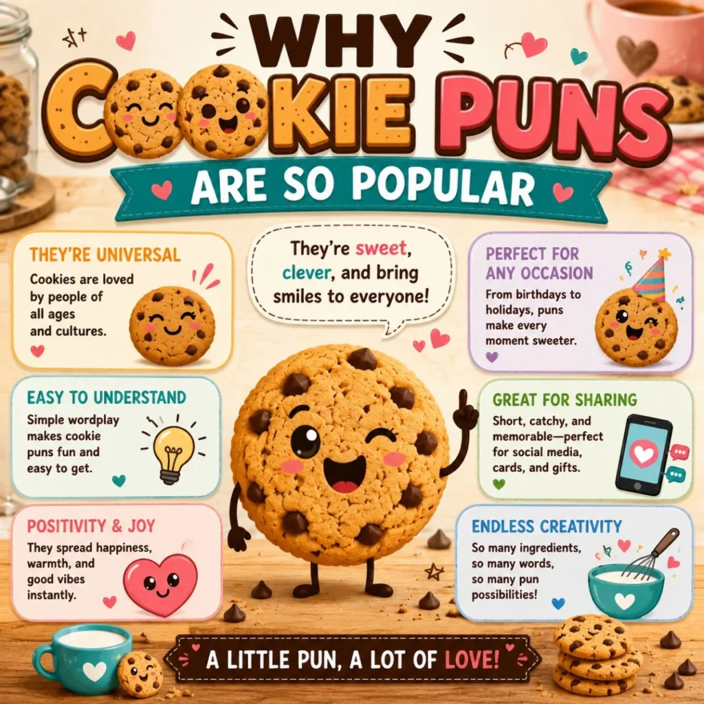 Why cookie puns are popular infographic with cute cartoon cookie, funny wordplay, and sharing ideas