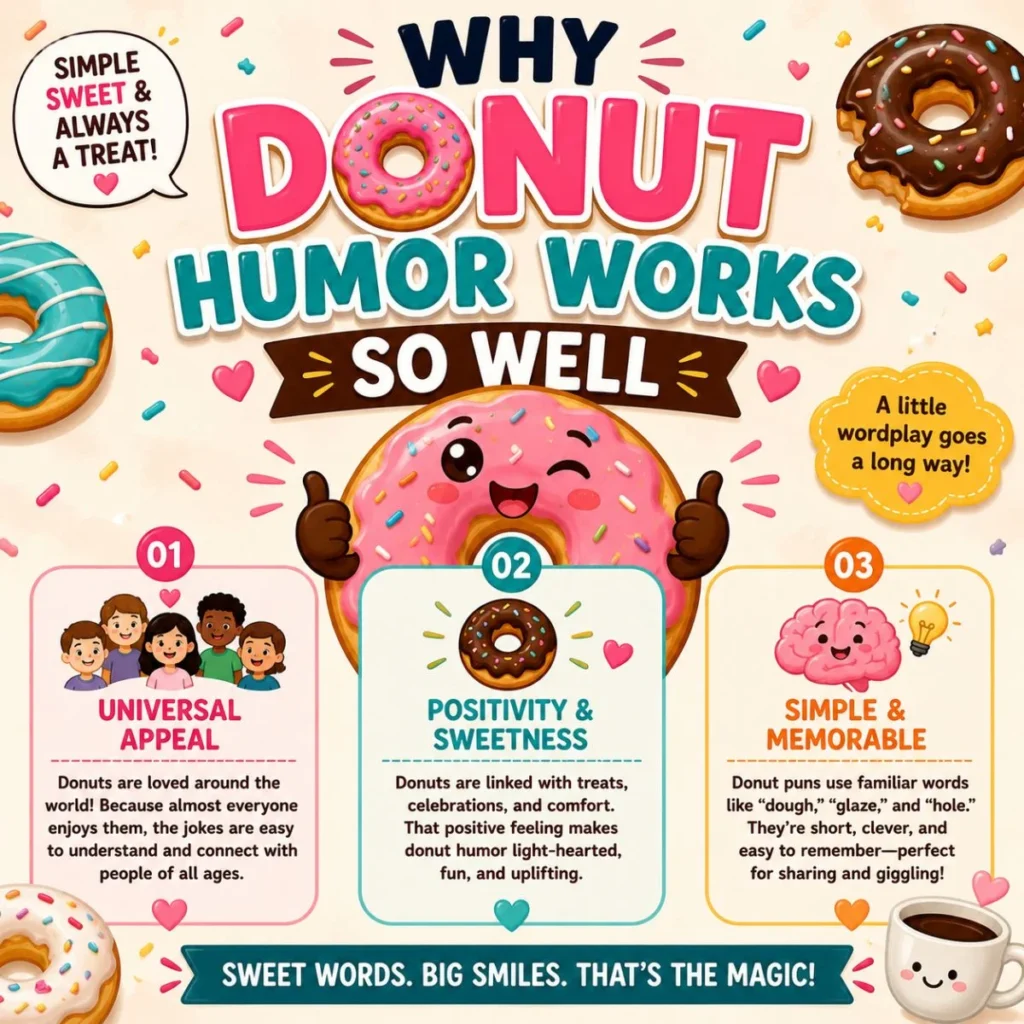 Donut humor infographic with cute pink donut, colorful panels, sprinkles, and reasons why donut jokes work well