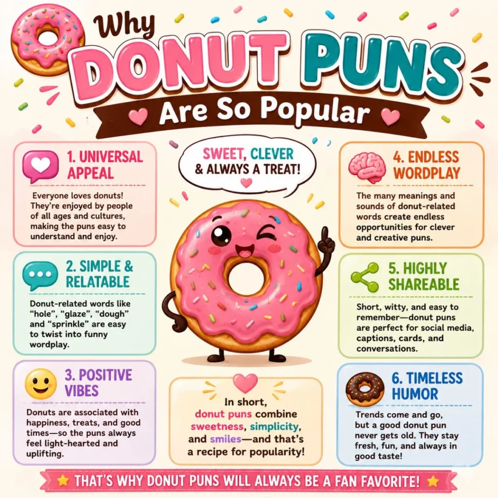 Donut puns infographic with cute pink donut, colorful panels, sprinkles, and reasons why donut wordplay is popular