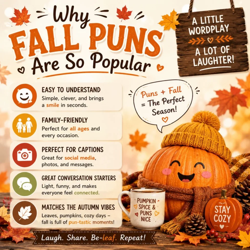 Why fall puns are popular infographic with pumpkin, autumn leaves, cozy icons, and family-friendly seasonal humor