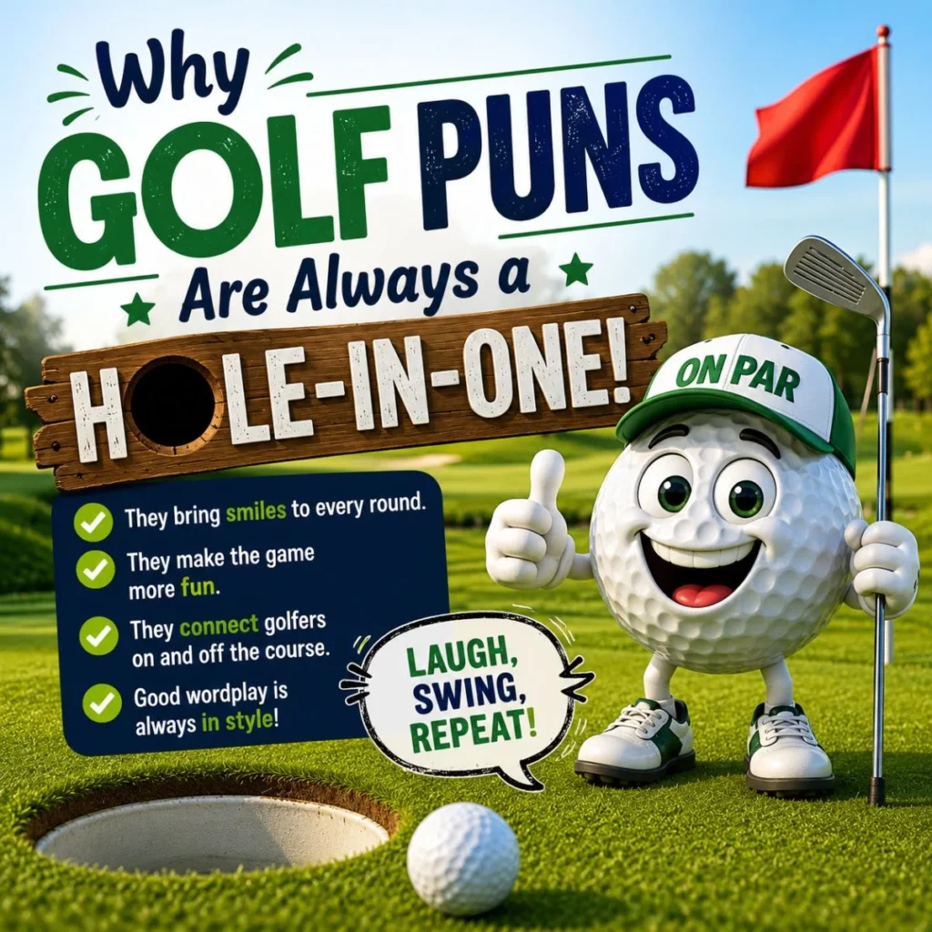 Golf puns hole-in-one infographic with smiling golf ball character on a sunny course