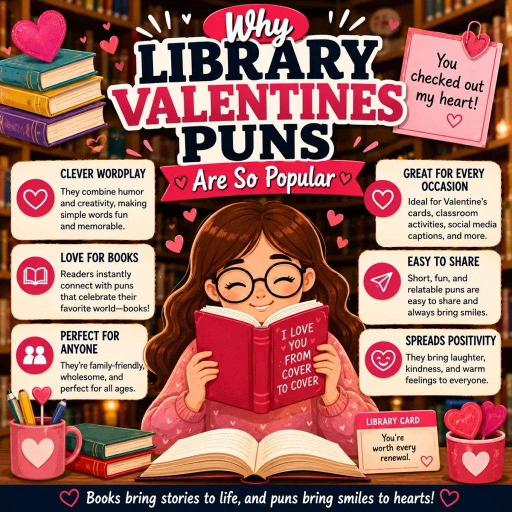 Colorful infographic explaining why Library Valentines Puns are popular with books, hearts, and fun reading-themed humor