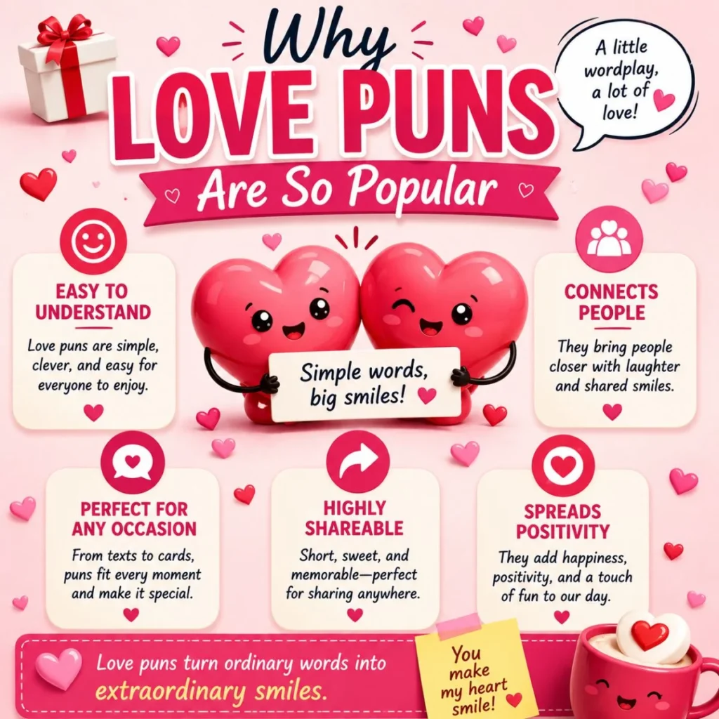 Cute love puns infographic with smiling hearts, pink background, gift box, and shareable wordplay ideas