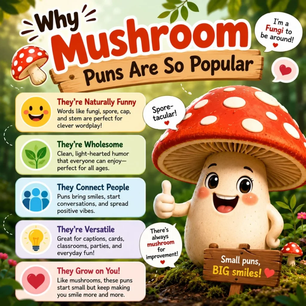 Cute mushroom infographic explaining why mushroom puns are popular with funny woodland humor