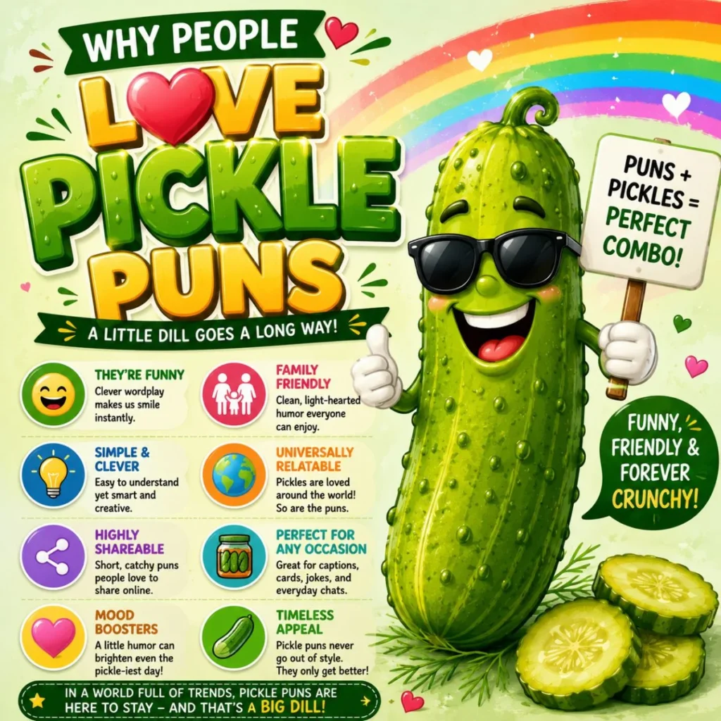 Smiling pickle puns infographic showing funny, family-friendly wordplay, sharing icons, and cheerful humor themes