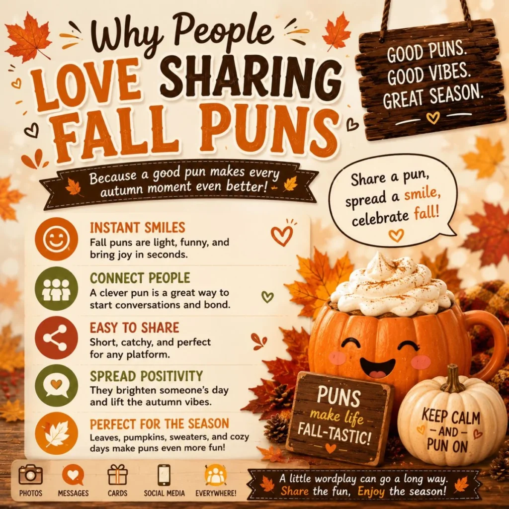 Why people love sharing fall puns infographic with smiling pumpkin, autumn leaves, and cozy seasonal humor