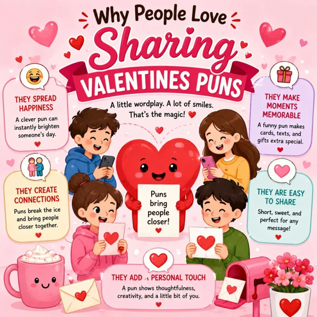 People sharing funny valentines puns with heart characters, cards, messages, and social media humor