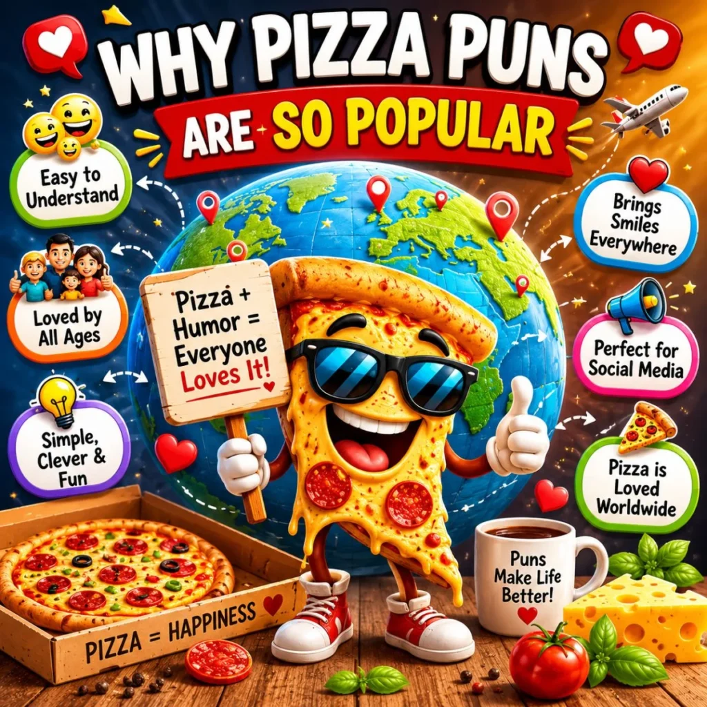 Why pizza puns are so popular illustration with smiling pizza slice, world globe, and fun food humor graphics