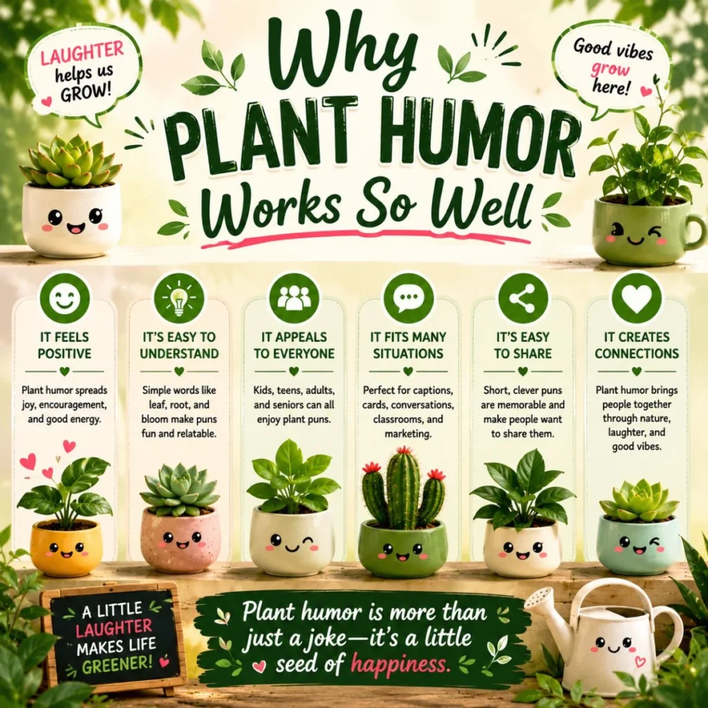 Why plant humor works infographic with cute potted plants, positive jokes, and shareable gardening wordplay