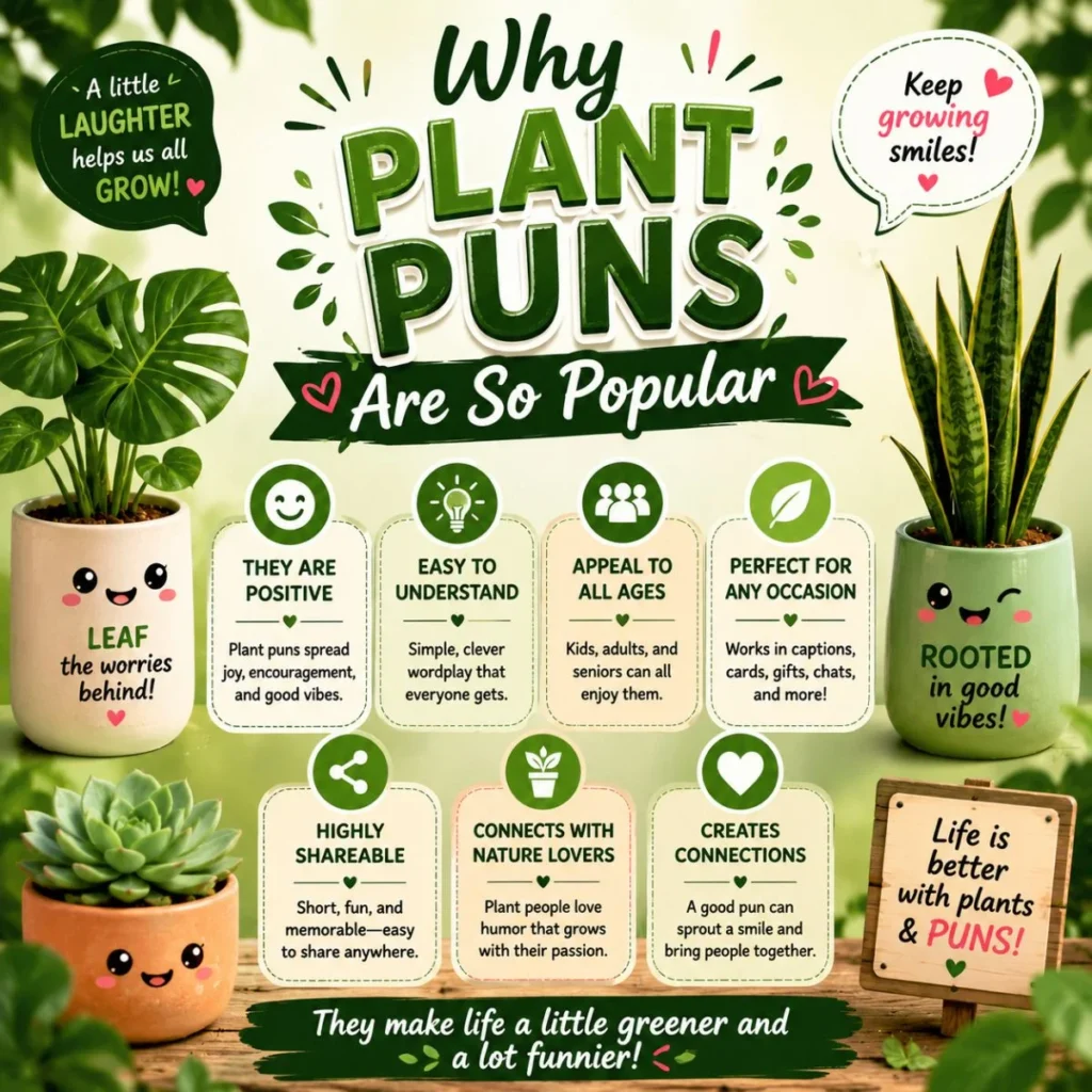 Why plant puns are popular infographic with cute plants, positive wordplay, and funny gardening humor