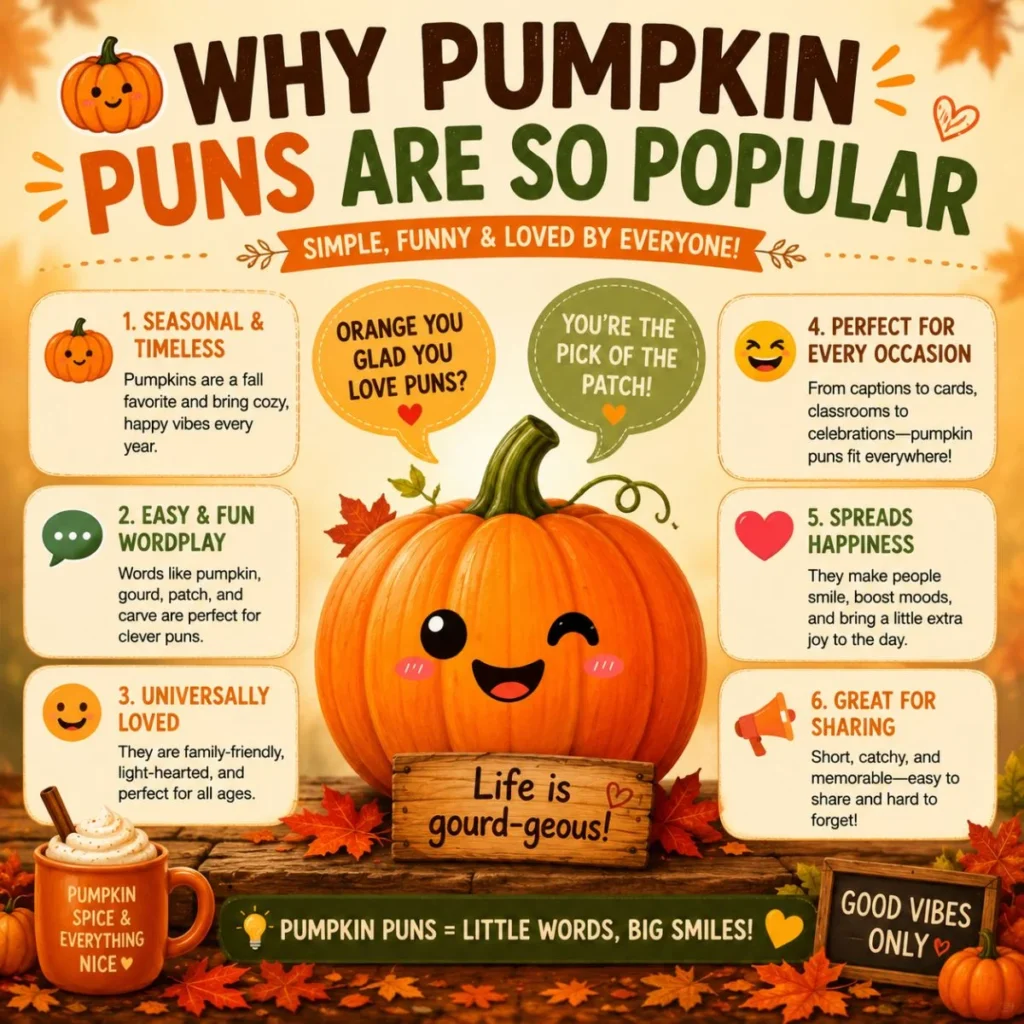 Pumpkin puns infographic with smiling pumpkin, fall leaves, and fun reasons people love seasonal wordplay