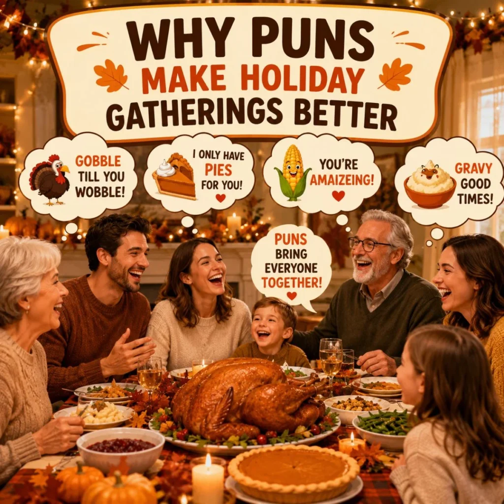Family laughing at Thanksgiving dinner with turkey, pie, pumpkins, and funny holiday pun speech bubbles