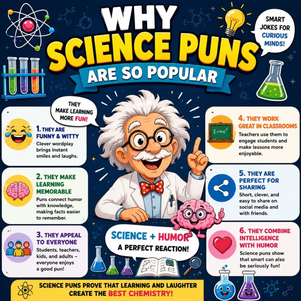 Science puns infographic with cartoon scientist, lab tools, atoms, brain, and funny learning benefits
