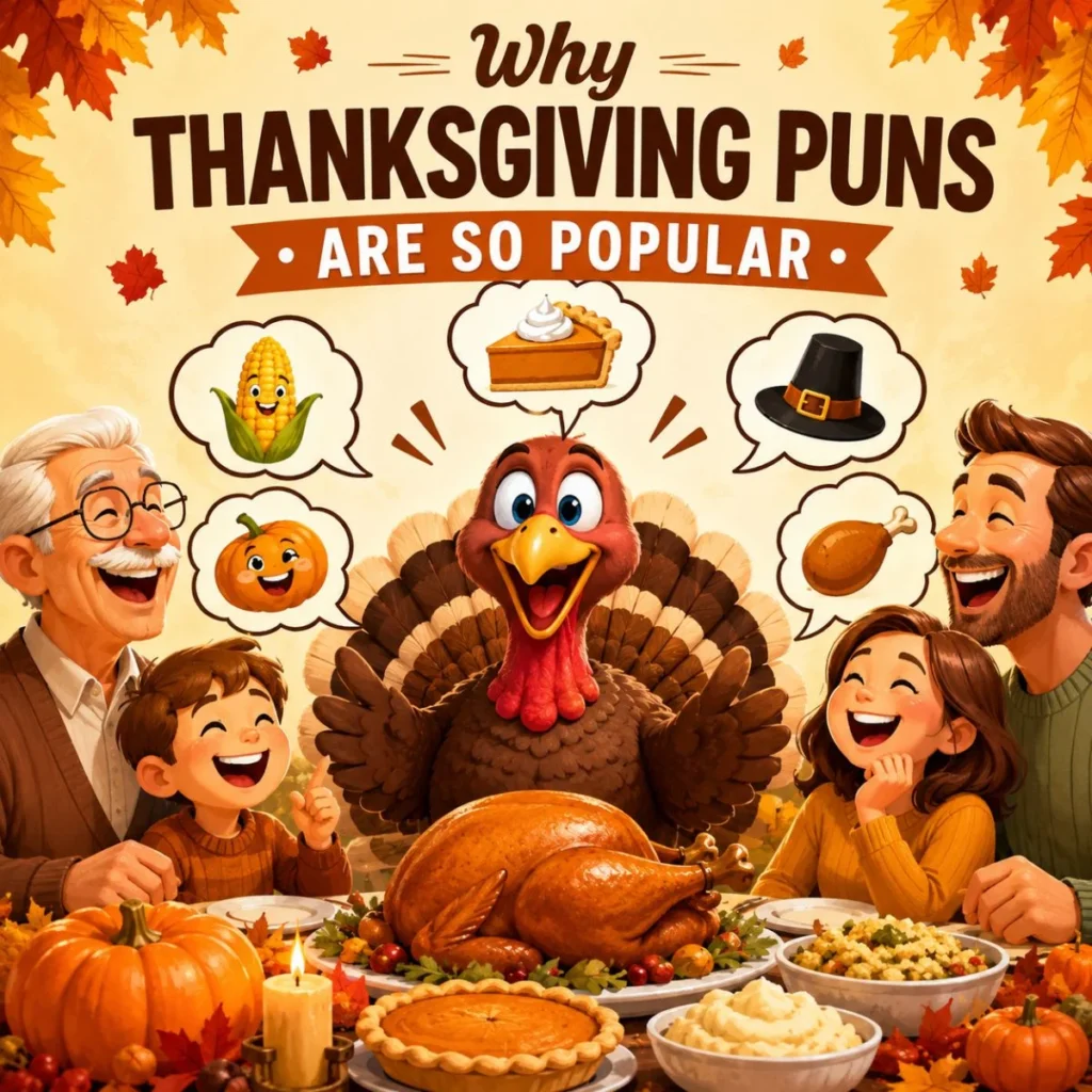 Thanksgiving puns image with smiling turkey, laughing family, festive food, pumpkins, and autumn leaves