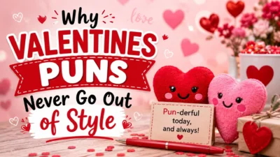 Cute Valentine's Day heart characters with funny valentines puns theme and romantic wordplay illustration