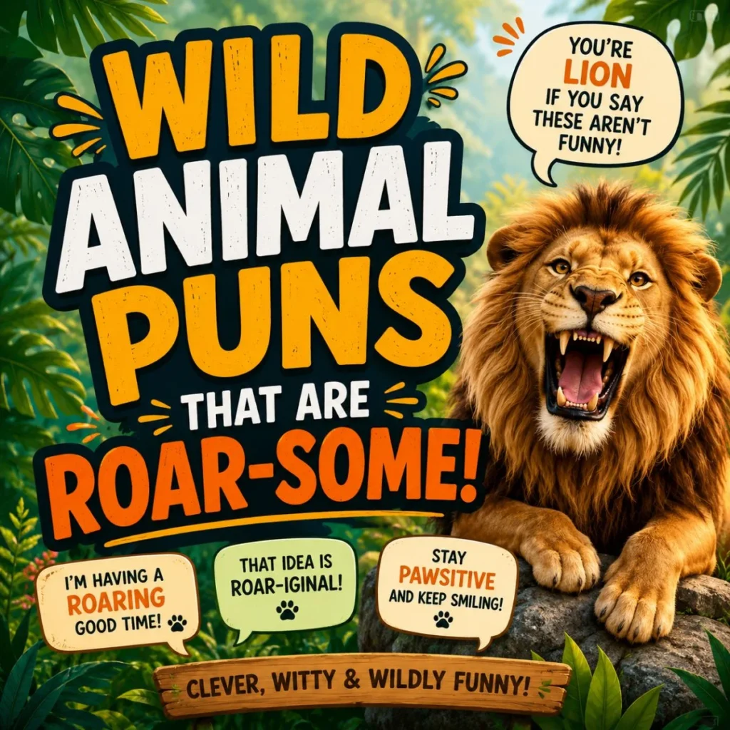 Wild animal puns poster with roaring lion, jungle background, and funny roar-some wordplay jokes