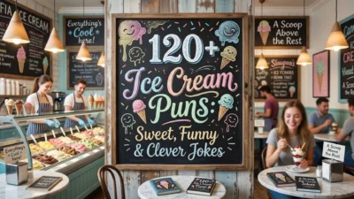 Chalkboard sign with 120+ Ice Cream Puns title in a colorful realistic ice cream parlor parlor with customers.