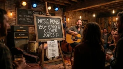 A musician playing acoustic guitar on a cozy pub stage next to a chalkboard displaying music puns and jokes.