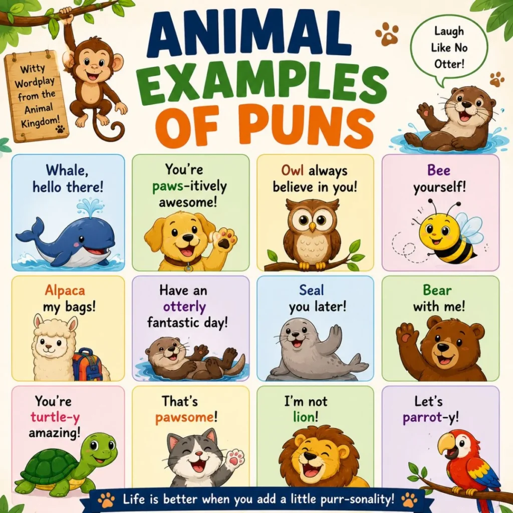 : Animal examples of puns infographic with cute cartoon animals, funny wordplay, and family-friendly jokes.