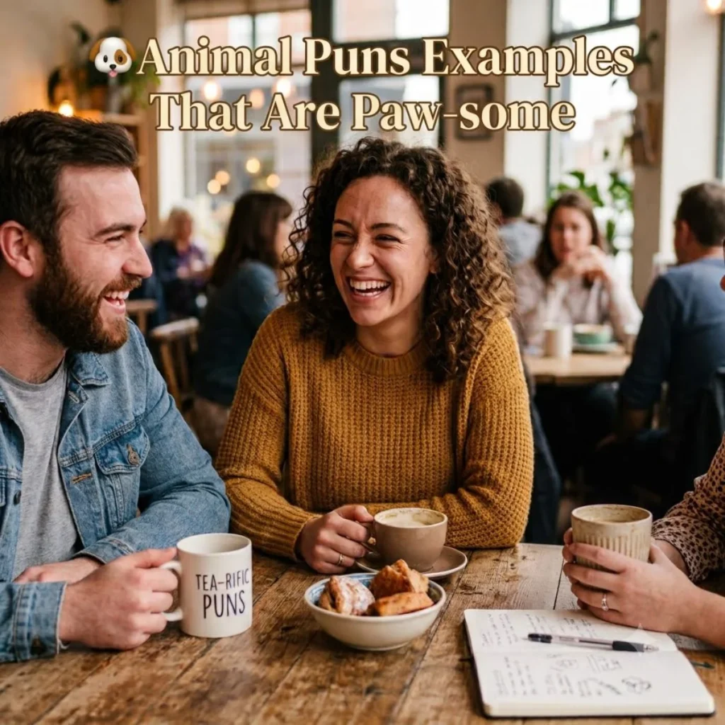 : Friends laughing in a cafe with text overlay reading animal puns examples that are paw-some.