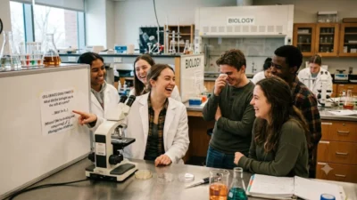 Students laughing at a biology joke on a whiteboard in a science lab next to microscopes and beakers.
