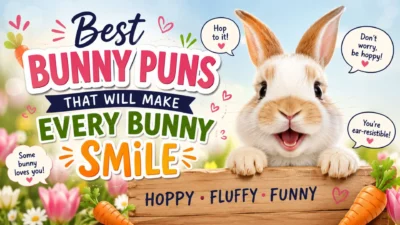 Funny bunny puns image with smiling rabbit, carrots, flowers, and cheerful spring humor text