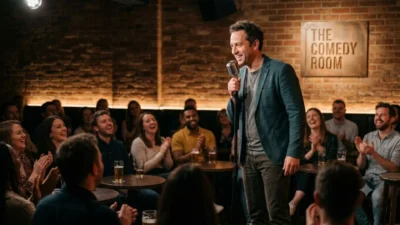 A stand-up comedian performing on a stage under warm cinematic lighting in a crowded, laughing comedy club.