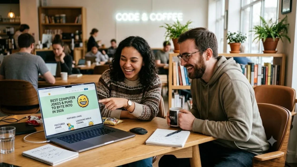A man and woman laughing at a laptop displaying computer jokes in a cozy cafe.