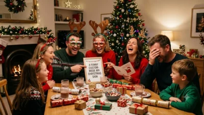 A family laughing around a Christmas dinner table with a holiday sign and decorated tree in the background