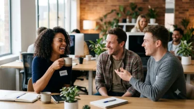 Three diverse coworkers laughing together during a coffee break in a bright modern open-plan office.