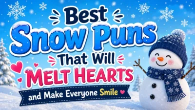 Cheerful snowman with winter snow puns graphic in a bright snowy landscape