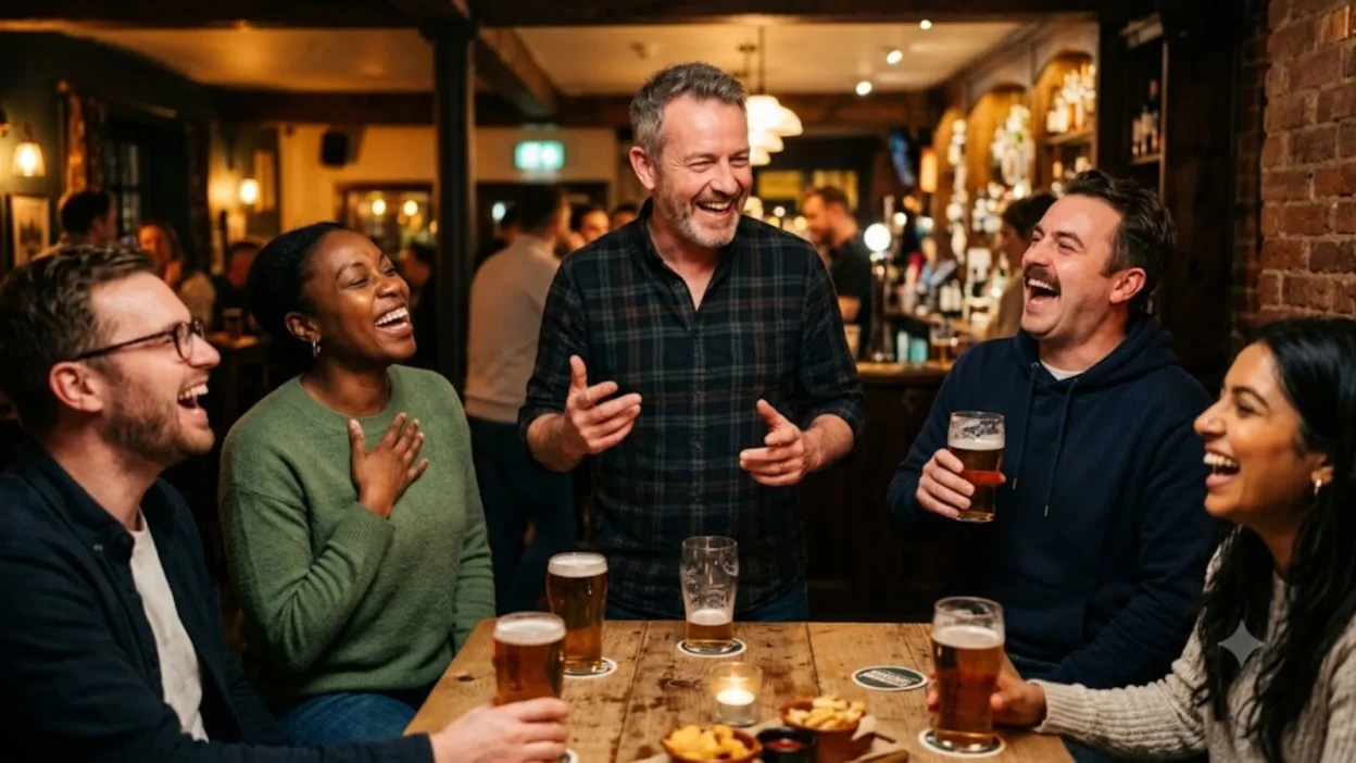 A group of diverse friends laughing together at a wooden table inside a cozy pub while holding drinks.