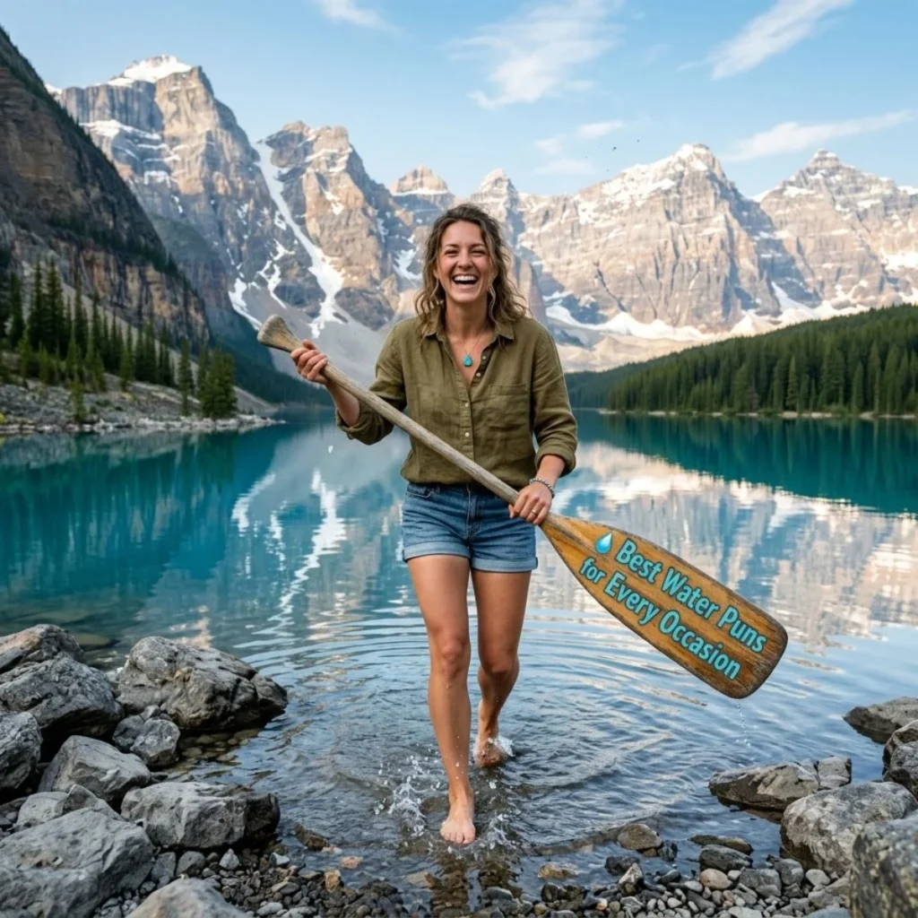 A laughing woman holding a paddle with best water puns text while wading in a bright blue alpine lake.