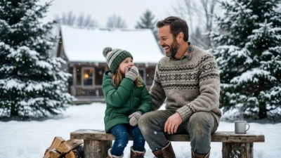 A father and daughter laughing together on a wooden bench outside a snow-covered cabin in winter.