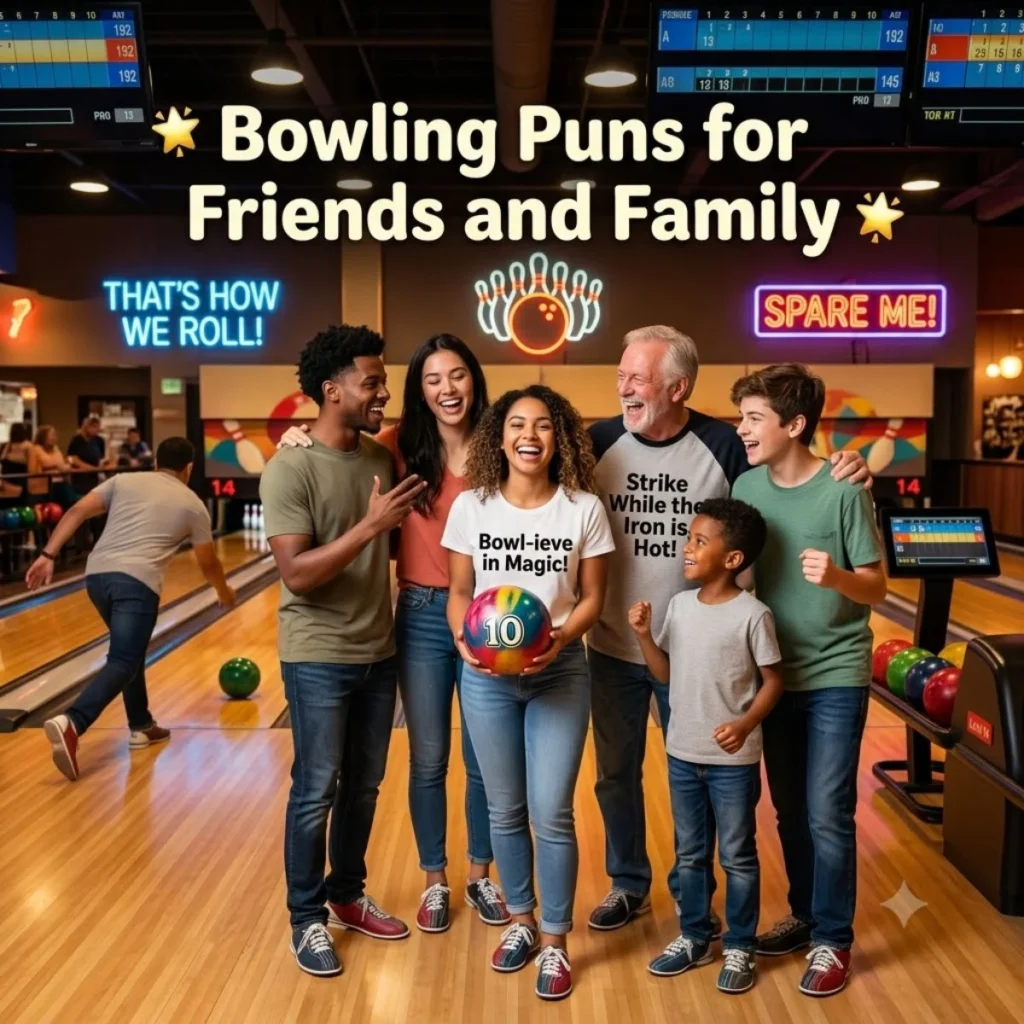 A diverse family and friends laughing at a bowling alley with clever pun shirts and signs.