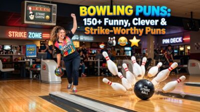 Bowling ball scoring a strike in a busy alley with large typography overlay "Bowling Puns: 150+ Funny, Clever & Strike-Worthy Puns"