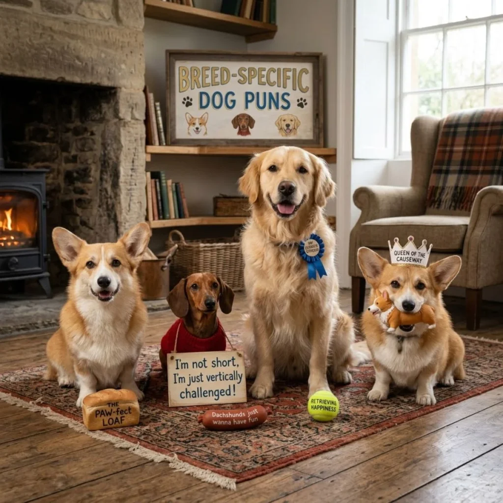 Four cute dogs sitting on a rug inside a cozy room with funny breed-specific pun signs and toys.