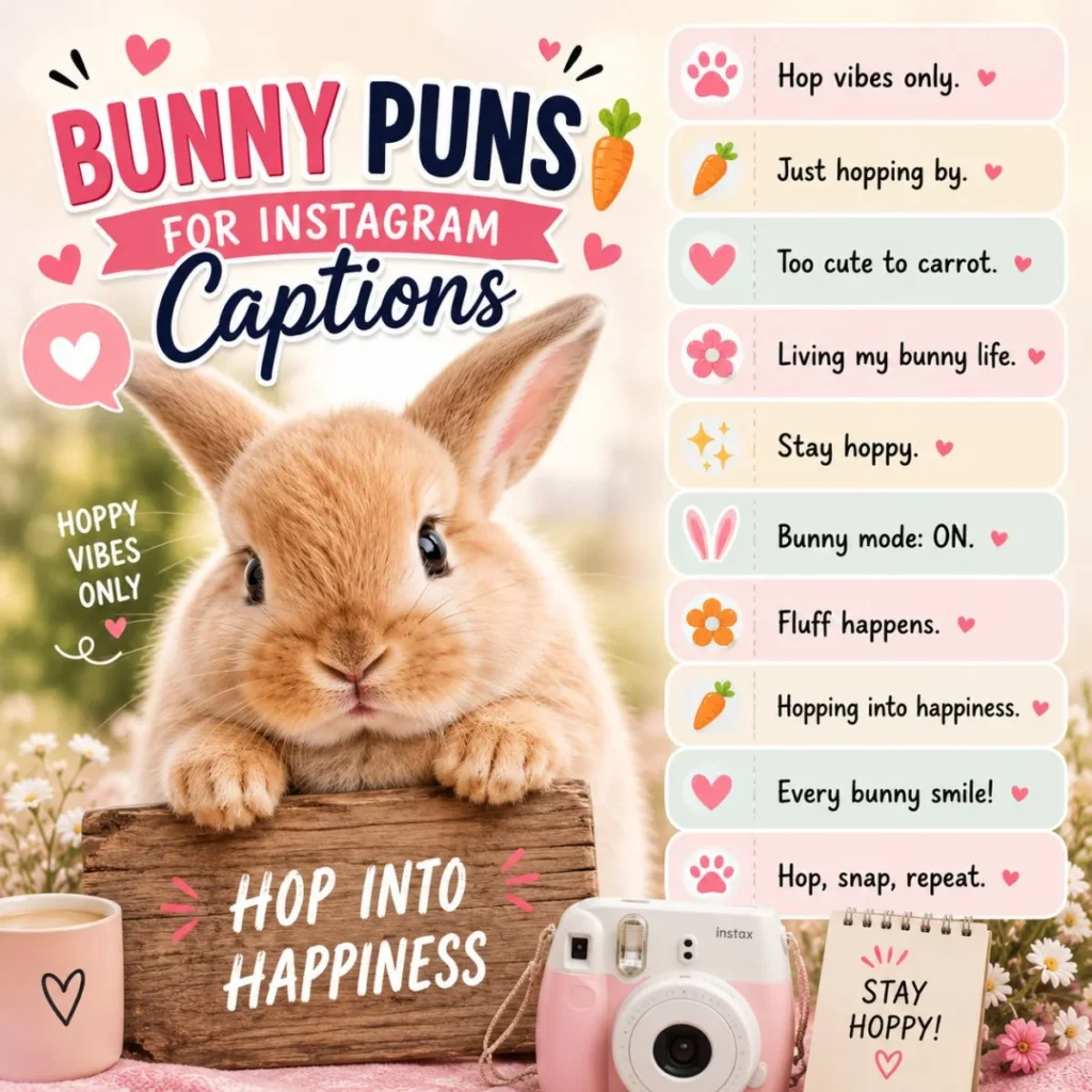 Bunny puns for Instagram captions with cute rabbit, pastel design, fun caption ideas, hearts, carrots, and camera
