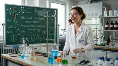 A female scientist laughing in a chemistry lab next to a chalkboard with a funny science pun.