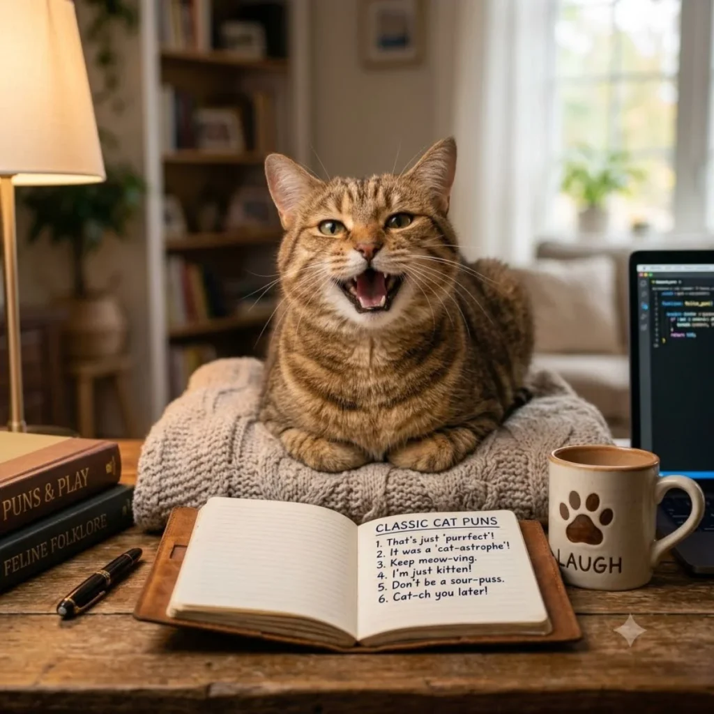 A laughing tabby cat on a desk next to an open notebook listing classic cat puns and a paw print mug.