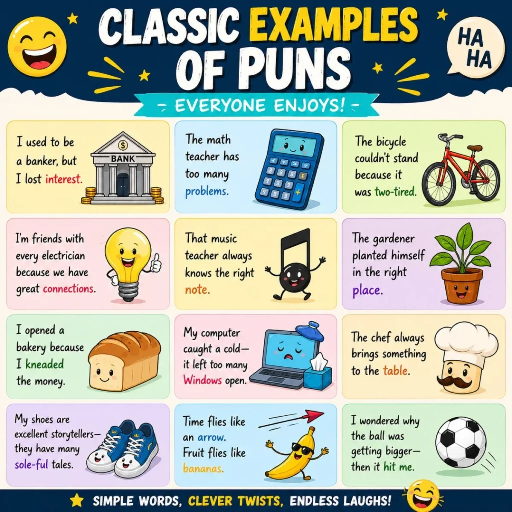Classic examples of puns infographic with funny wordplay, colorful illustrations, and family-friendly jokes for all ages.