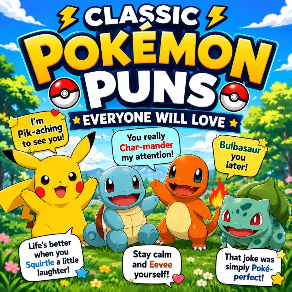Classic Pokemon puns image with cute cartoon creatures, bright colors, and funny wordplay for fans