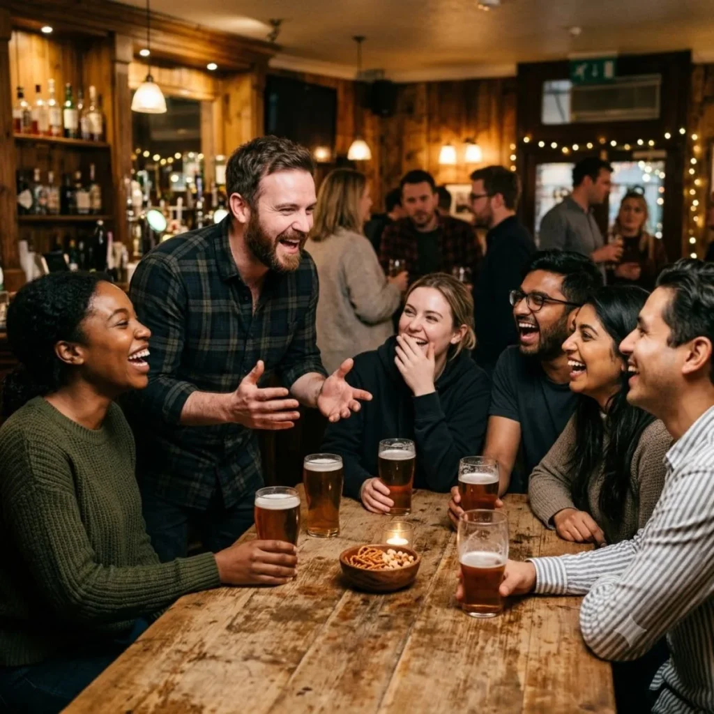 A group of diverse friends laughing happily around a wooden table with beer glasses inside a rustic pub.