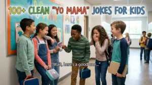 A diverse group of kids laughing and telling jokes in a brightly lit school hallway during class change.