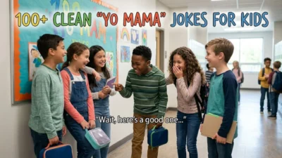 A diverse group of kids laughing and telling jokes in a brightly lit school hallway during class change.