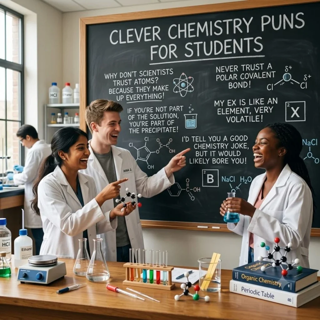 Three diverse chemistry students in a lab, laughing together at science puns written on a chalkboard.