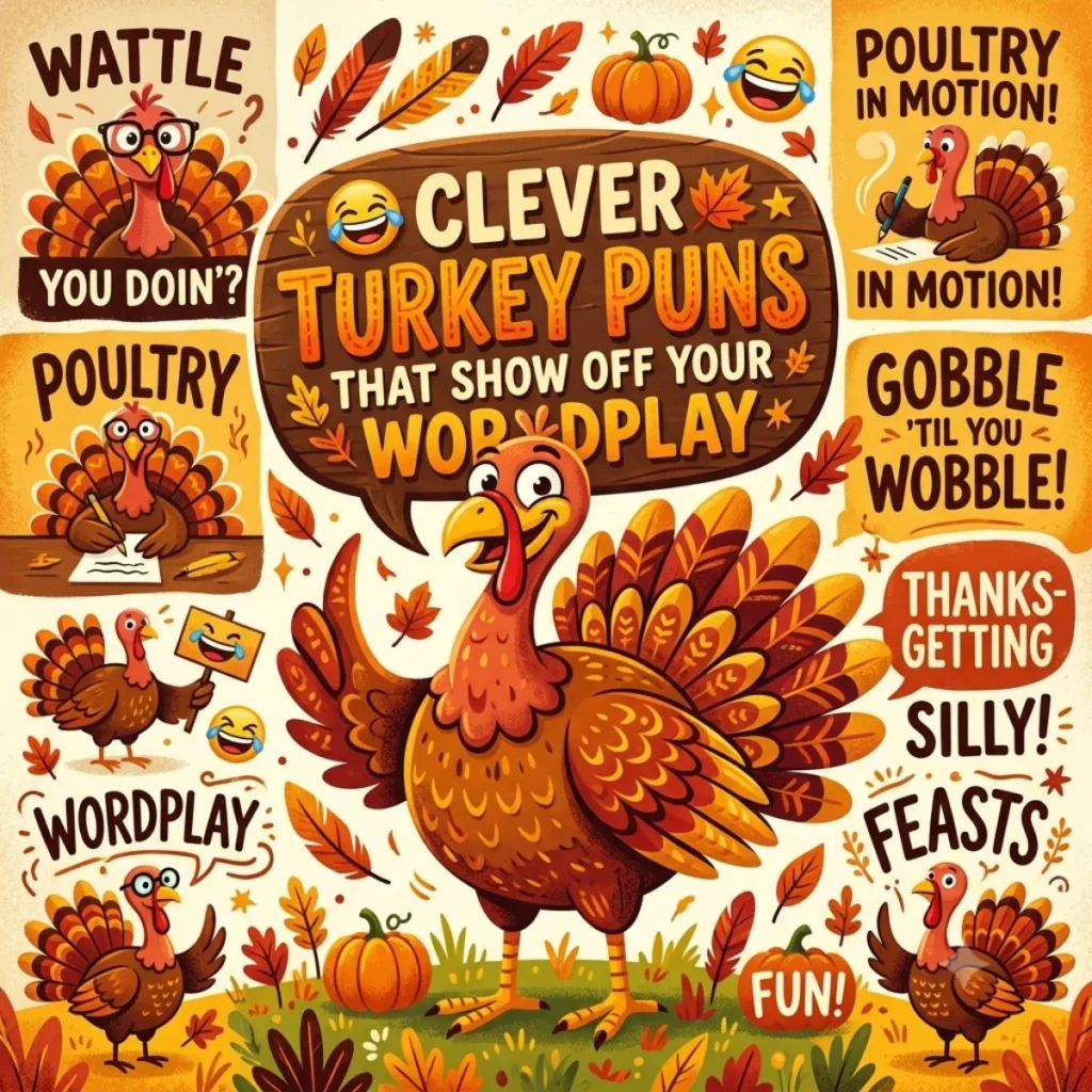 A vibrant graphic featuring a large turkey surrounded by clever turkey puns, autumn leaves, and festive pumpkins.