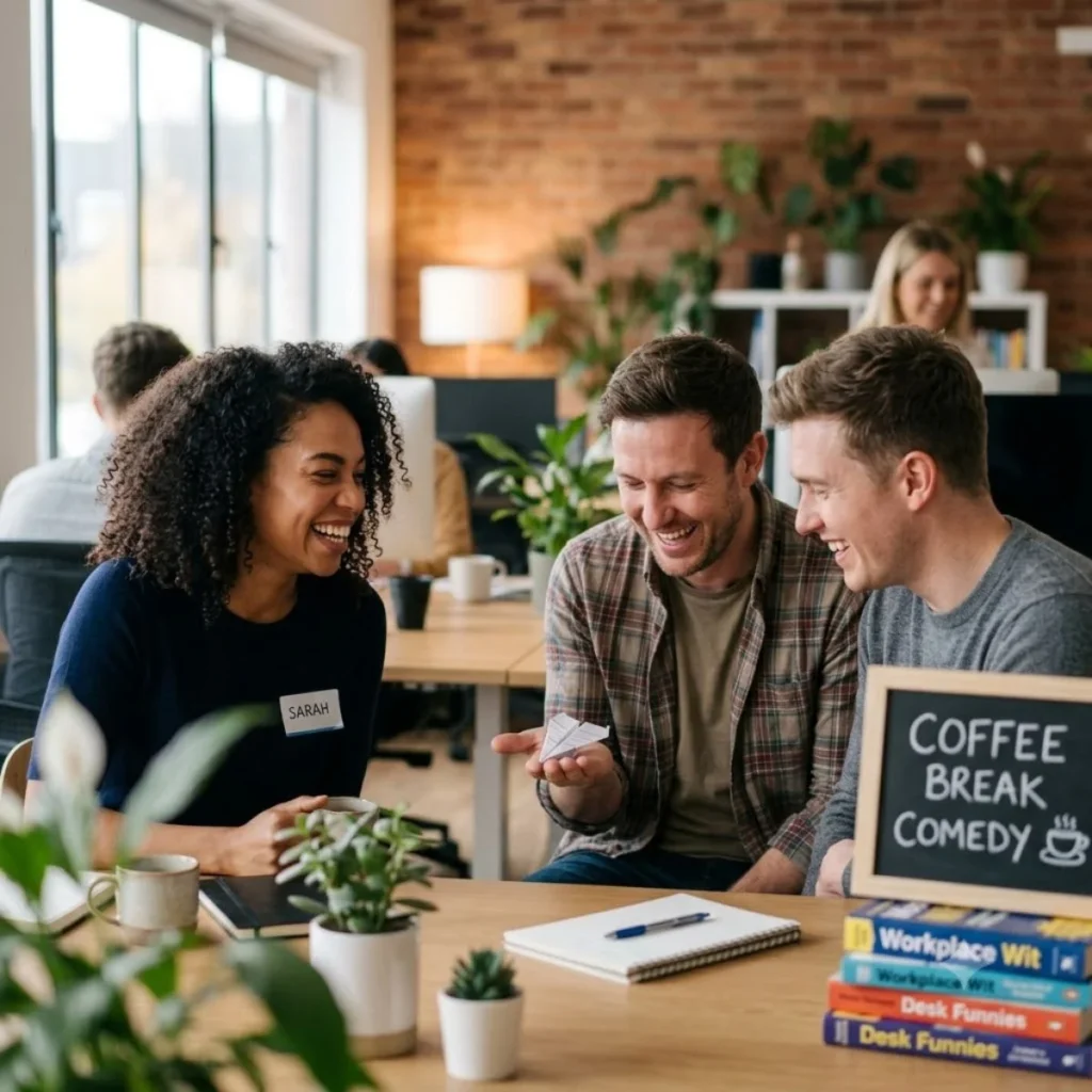 Three coworkers laughing at a paper airplane during a coffee break in a modern open office.