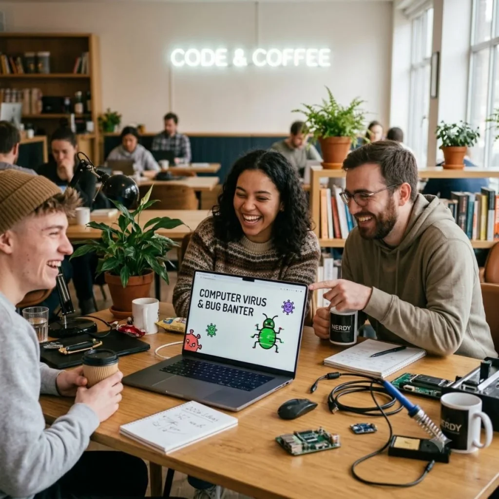 Three friends laughing at a laptop showing computer virus and bug banter in a cozy cafe.